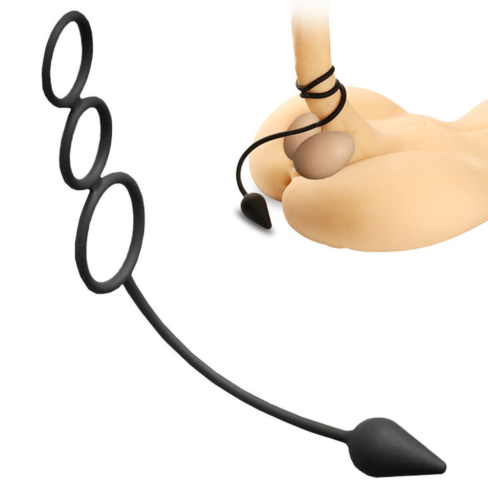 Triple Threat Silicone Tri Cock Ring with Anal Plug Triple Threat Silicone Tri Cock Ring with Anal Plug